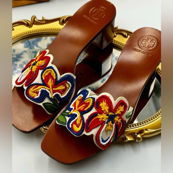 🆕 TORY BURCH 🧿 NWOT Bianca Floral Bead Embellished Slide Sandal - Ivory Multi - Picture 6 of 16